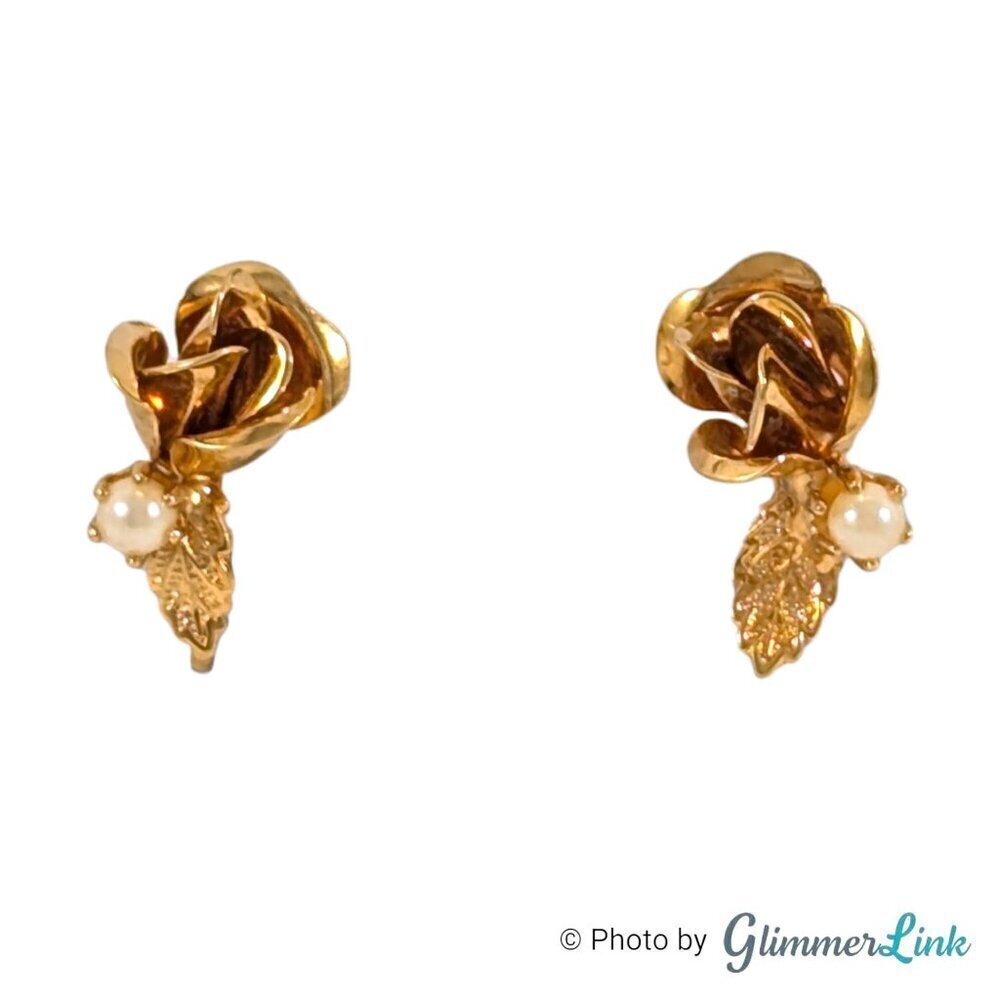 Vintage Rose Leaf Faux Pearl Gold Tone Adjustable Clip On Earrings
